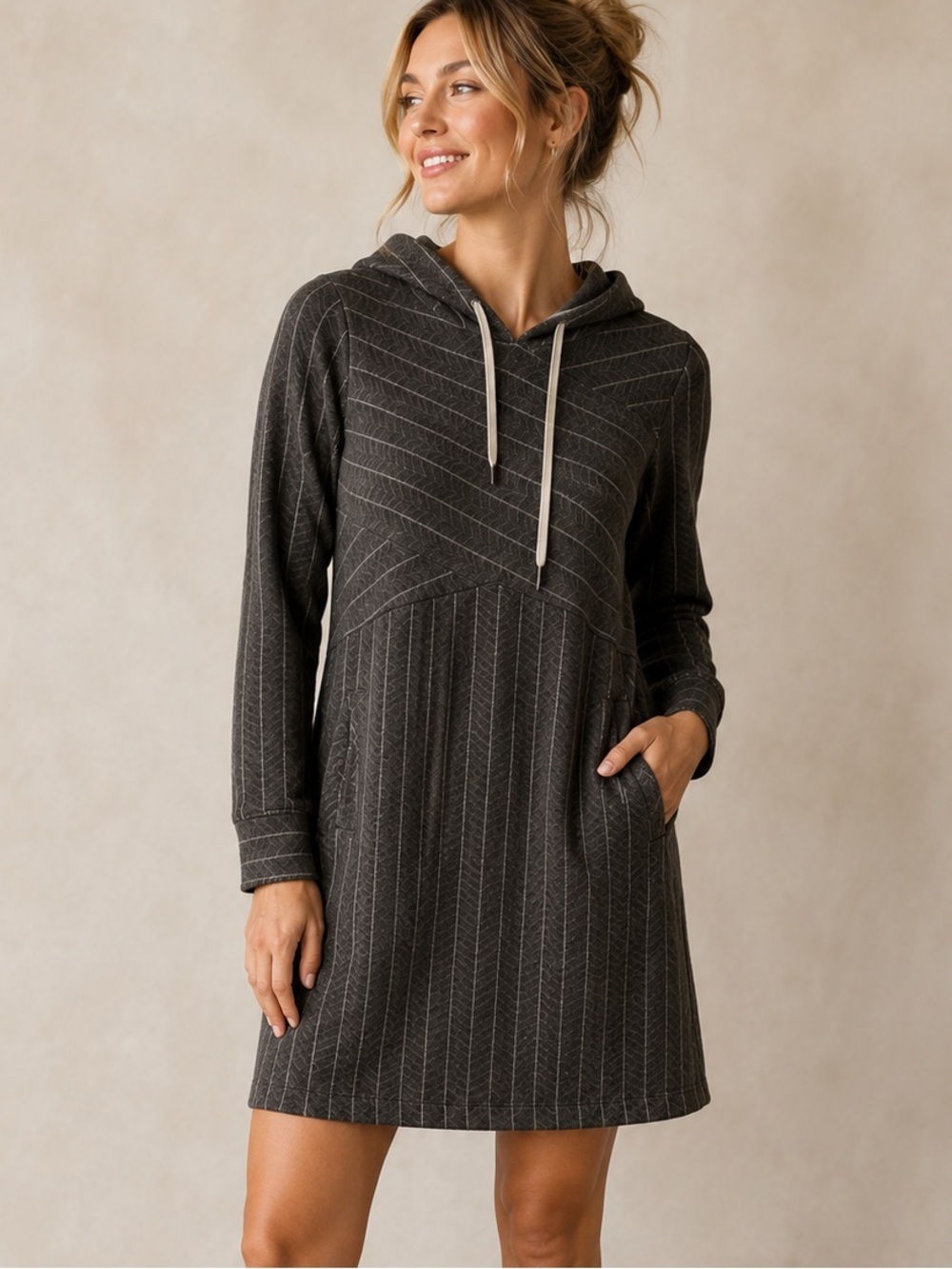 Prana long-sleeve Hooded Dress featuring a grey Pinstripes